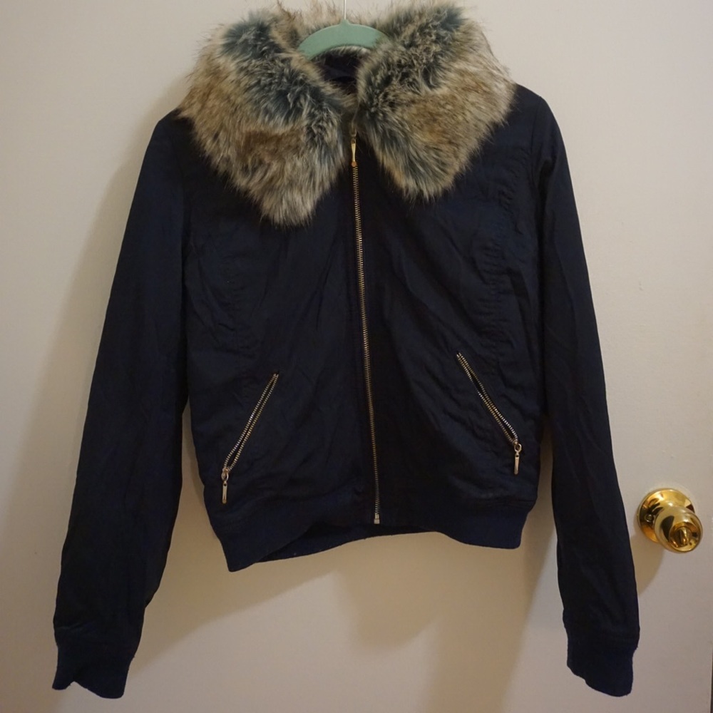 Blue Bomber Jacket w/ removable faux fur collar